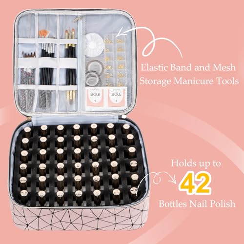 Uross Nail Polish Organizer Bag Holds 42 Bottles Nail Polish & Nail Lamp, Gel Nail Polish Organizers and Storage box for Nail Tech, Nail Kit Supplies Organizer Case - Lightpink - color: Lightpink, size: Large - 11 x 9.5 x 9.5 inch (42 bottles)