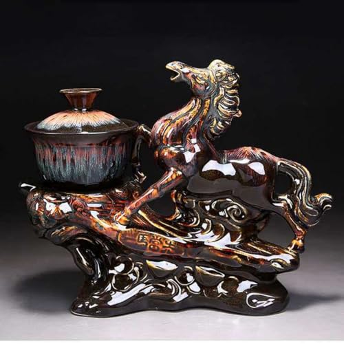 Chinese Gongfu Tea Set - Ceramic Teapot with Infuser, 8 Cups, Semi Automatic Horse Design for Loose Leaf Tea - color: Kiln Russet Brown