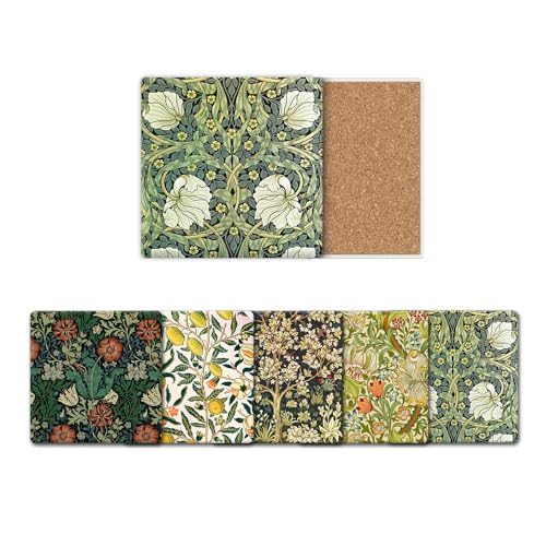 HUXJOKO Coasters for Drinks Set of 6,William Morris Floral Pattern Absorbent Ceramic Coaster,Square Stone Mat,with Cork Base and Metal Holder for Coffee Table Room Bar Home Decor Housewarming Gifts - color: William Morris 2, size: Square