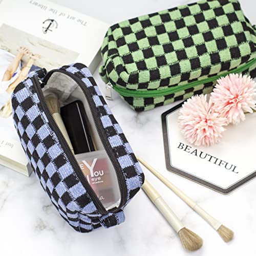 Checkered Makeup Bag for Purse, Small Travel Cosmetic Pouch,Blue Black - color: Blue Black