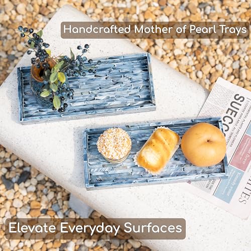 PEMAR Blue Mother of Pearl Tray Set of 2 – Handcrafted Decorative Vanity & Countertop Organizer for Bathroom, Entryway, Coffee Table – Elegant Home Decor Accent, 11.8" Lx5.1 Wx1 H - color: Blue