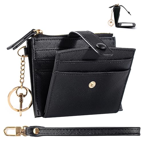 Keychain Wallet Wristlet Small Credit Card Holder Bracelet Key Chain Purse Bangle Tassel Beads Key Rings for Women - color: 04-rfid Black