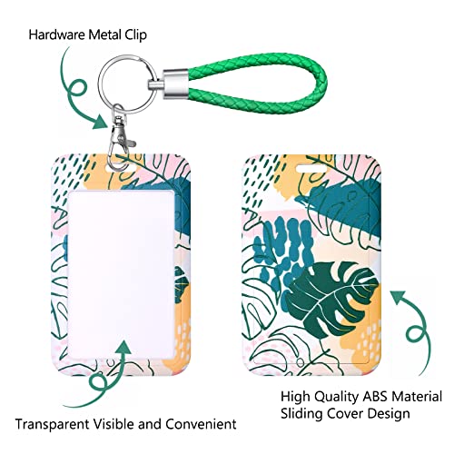 ID Card Badge Holder Key Chain with Metal Keyring, Plastic Slide Open with ID Window for Women Men Girls Students,Green Plant 4 Leaves - color: 4 Leaves