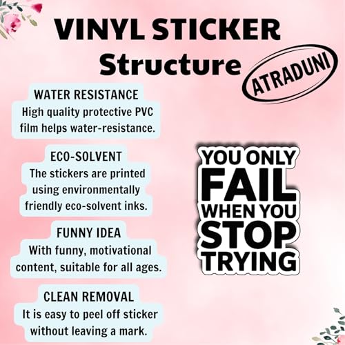 (3Pcs) You Only Fail When You Stop Trying Stickers Motivational Inspirational Quote Positive Gifts Waterproof Vinyl Decals for Kindle Water Bottle Bumper Car Hard Hat Phone Laptop Size 3" x 2.3" - color: You Only Fail When You Stop Trying