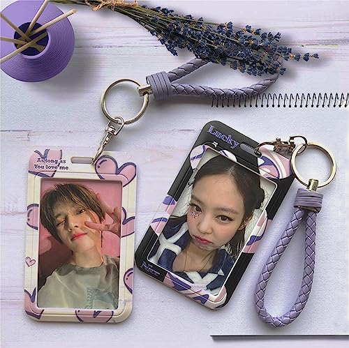 2 Pcs Kpop Photocard Holder Heart Style PC Holder ID Badge Holder with Keychain Hard Shell Protective Photo Sleeves (Black and White)