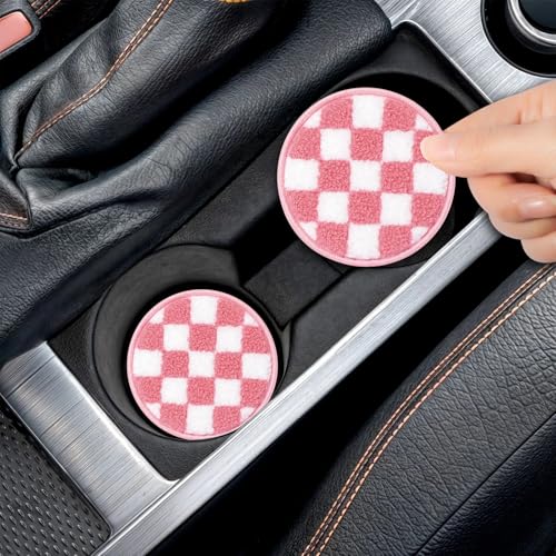 Car Cup Holder Coaster, 2-Pack Drink Coasters for Car Accessories, Car Things Automotive Organization, Desk Use, Men and Women’s Must-Haves, Pink Checkerboard Felt Inserts Gift for Her - color: Light Pink/White