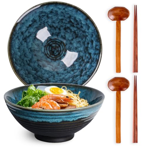 40oz Japanese Ceramic Ramen Bowl Set of 2 with Chopsticks and Spoons for Pho Udon Asian Soup Noodles (Nebula Blue) - color: Nebula Blue