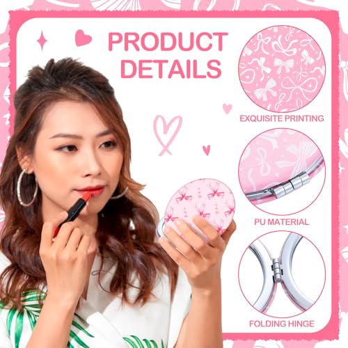 Weysat 9 Pcs Pink Bow Compact Mirrors, Double Sided Magnifying Round - color: Pink, size: Bow