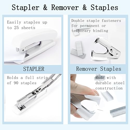 Dimonluce Office Desk Accessories, White Office Supplies Accessories with Tape Dispenser, Stapler, Staple Remover, 1000 Staples, Tape, Clips Set, Ruler, Scissor, Pen - color: White