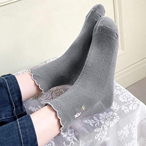 zrylibya Women Ruffle Frilly Floral Embroidery Scallop Ankle Socks 5 Pairs - color: Multicolor B