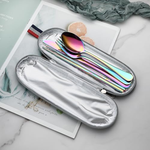 DEVICO Travel Utensils with Case, 5 Piece Portable Silverware Set for Work - color: Rainbow