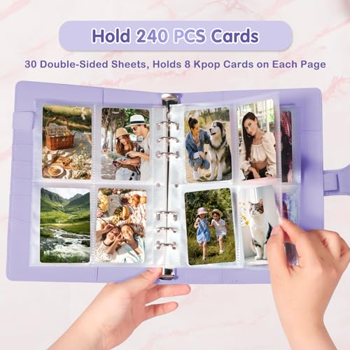 A5 Kpop Photocard Binder with 30 Pack 4-Pocket Card Pages, 6 Ring A5 Binder Card Collector Album with 240 Card Slots,PU Leather Binder Cover with Magnetic Buckle Closure for Organizing Trading Card - color: Purple
