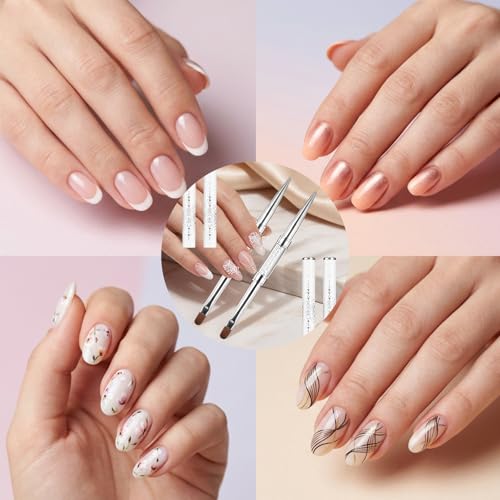2Pcs Professional Hard Gel Nail Brushes, Dual-Ended Builder Gel Brush Set with Rhinestone Handle, Oval & Liner Brushes for French Tip, Acrylic & Polygel Application