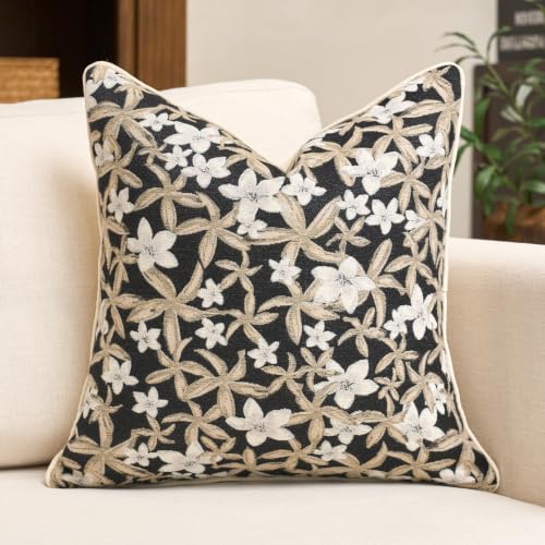 Aeckself Neutral Floral Pillow Cover 20 x 20 Inch, Vintage Chenille Square Throw Pillow Cover Soft Home Decorative Farmhouse Accent Couch Pillow Cover for Living Room Bedroom, Black - color: Black, size: 20" x 20" (Pack of 1)