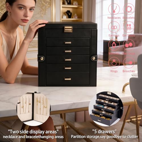 BOOVO Large Jewelry Box for Women 6 Layer - color: Gold and Black, size: 6 Layer