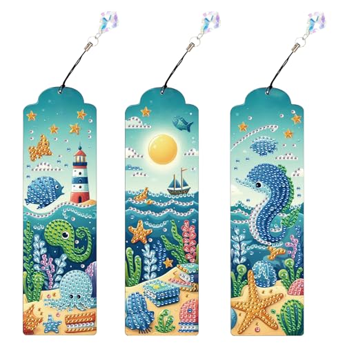 Tontut 3pcs Diamond Art Painting Kit Bookmarks, Marine Life Exquisite General DIY Bookmarks, Lightweight and Durable, Suitable for Reading Lovers - color: Marine Life