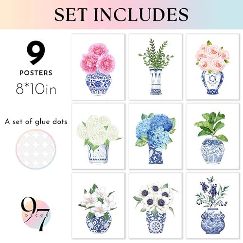 97 Decor Chinoiserie Wall Art, Blue White Ginger Jar, 9 Pcs 8x10 Unframed - color: Chinoiserie Poster
