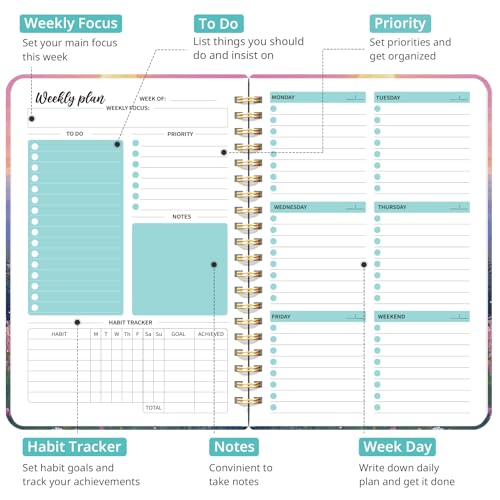 Taja Undated Weekly Planner, To Do List Notebook with Habit Tracker, A5 - color: u.Twilight Bloom