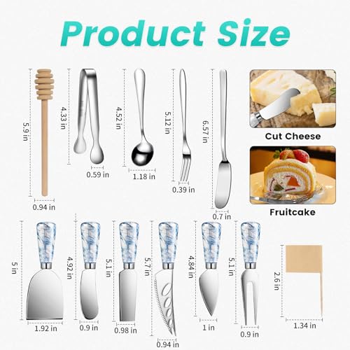 Marble Blue Cheese Knife Set, Ceramic Handle Charcuterie Board Accessories Butter Spreader Slicer Knife With Serving Tongs, Spoons, Forks, Flags Markers, Wooden Honey Dipper - color: Marble Blue