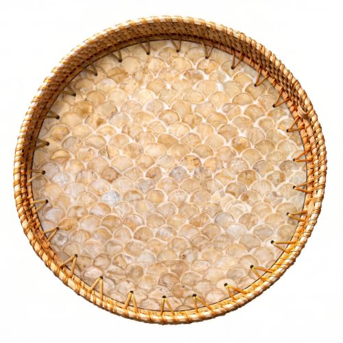 JUNGLE CULTURE Round Rattan Tray Mother of Pearl Inlay • Cascade Light 12” - color: Cascade Light, size: 11.8"