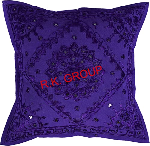 Indian Mirror Embroidered Decorative Sofa Throw Pillow Cushion Cover Boho Bohemia (Color : Purple Size -18 X 18) - color: Purple, size: 18" x 18" (Pack of 1)