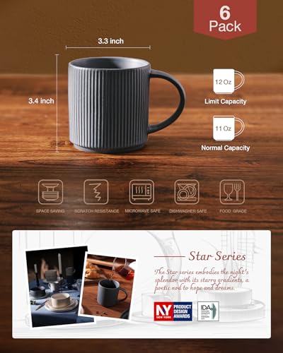 famiware Coffee Mug Set of 6, Star 12 oz Ceramic Mugs Cups Set with Handle - color: Star-Matte Dark Charcoal, size: 6 Count (Pack of 1)