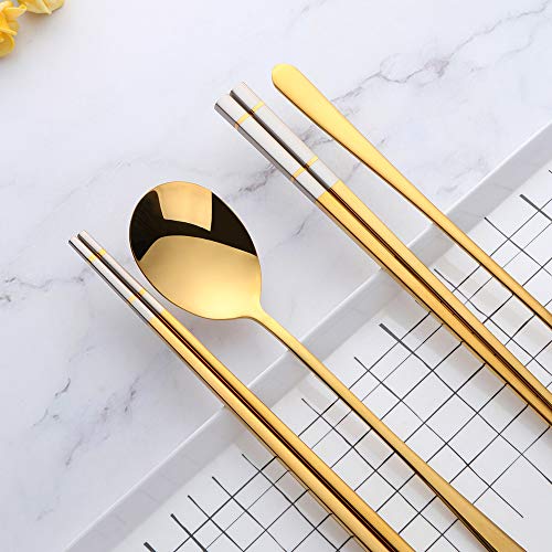 Buyer Star 4 Set Gold Square Chopsticks and Spoons Set Metal Stainless Steel Spoons Chopsticks Set - color: gold-square chopstick and spoon