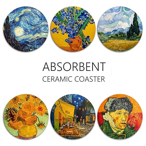 Coasters for Drinks, Set of 6, Ceramic Stone Painting Cafe House - color: Painting Oil