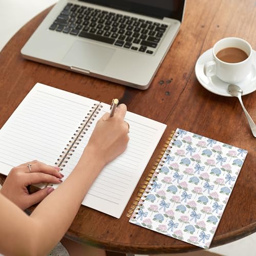 VIIJJUE Cute Bow Hydrangea Floral Notebook, AestheticJournal, Blue and Pink Flowers Notebooks for Note Taking, Blue and Pink Office Supplies, Hardcover Spiral Journal 5.5x8.3 Inch - color: B-Bow and Hydrangea