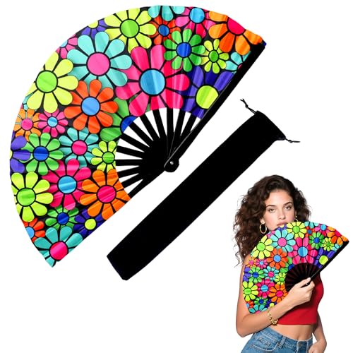 13 Inch Large Rave Fan & Clack Fan for Line Dancing - Folding Hand Fan with UV Glow for Boots on The Ground, Performance, Wedding, Party - Portable Handheld Fan for Women & Men - color: Cartoon Flowers*1