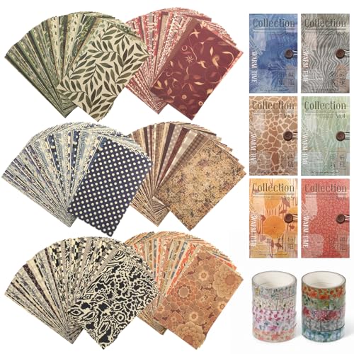 360 Sheets Vintage Junk Journal Paper & 10 Rolls Washi Tape, 5.1 x 3.1 Inch Mini Decorative Scrapbook Paper, Retro DIY Journaling Supplies for Travel Notebook, Aesthetic Ephemera Craft Decor