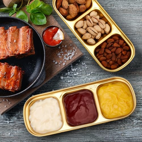 Maxcheck 12 Pcs Soy Sauce Dish Stainless Steel Divided Dip Bowls Korean 3 Compartment Sauce Plate Seasoning Dipping Condiment Tray for BBQ Vinegar Spice Salt Sugar Flavor Home Restaurant (Gold) - color: Gold