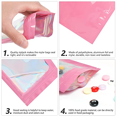 Funfery 100pcs Pink Mylar Holographic Bags-Resealable Zipper&Clear Window - color: Pink, size: 3.9 x 7.1 Inch