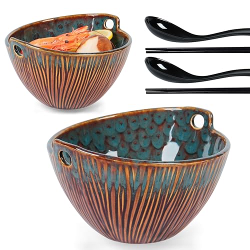 Ceramic Ramen Bowl with Chopsticks,6.7 Inch Noodle Bowls,Pho Bowls and Spoons Set,Japanese Bowl for Pho,Udon,Soba,Noodle,Microwave Safe,Set of 2(Peacock Green) - color: Peacock Green