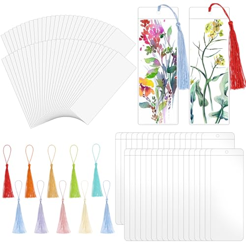 60 Sets Blank Kraft Paper Bookmarks Kit with Tassels and PVC Sleeves - color: White/60pcs