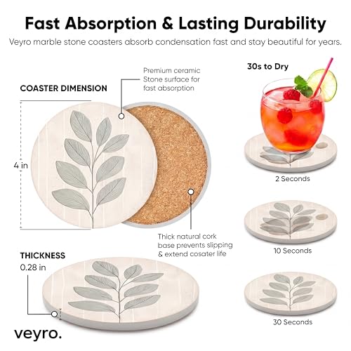 VEYRO Ceramic Coasters Set of 6 or 4 – Absorbent Stone Drink Coasters with Holder, Non-Slip Cork Backing, Modern Marble Look Coasters for Coffee Table, Desk & Home Decor (Leaves 3, Set of 6) - color: Leaves 3, size: Set of 6