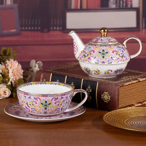 KAMMAK Tea for One Set, Ceramic Teapot, Bone China Tea Set, Cup and Saucer - color: Pink