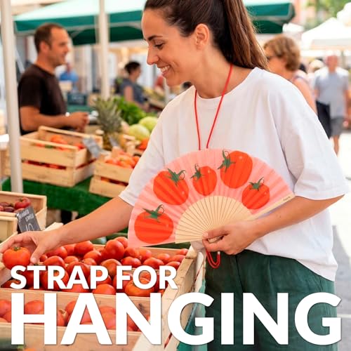 Fisura – Original Folding Fan with Tomato Print. Colorful Wooden Folding Fan in red with Strap Included. Fun Gift idea for Travel Beach Days or Summer Events. 16.7 x 9 in. - color: Tomatoes, Red