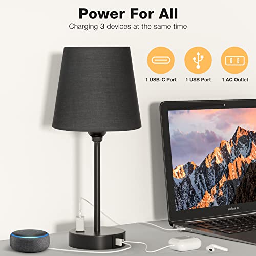 Black Bedside Lamps Set 2 for Bedroom - Dimmable Touch, USB C+A, AC Outlet - color: Black