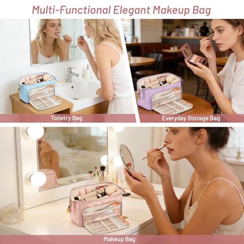 Easter Basket Gifts Soft Quilted Makeup Bag, Wide Opening Cosmetic Pouch Travel Toiletries Accessories Bag Trendy Makeup Purse for Women Teen Girls Holiday Gifts Birthday Gifts (Black) - color: Black