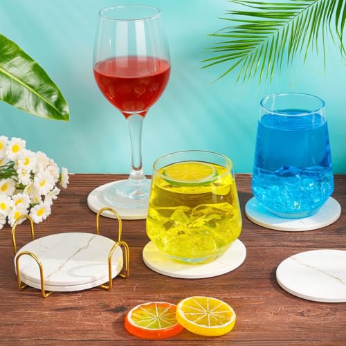 Acejoz Drink Coasters with Holder for Coffee Table, Absorbent Coasters Set of 6, Marble Style Ceramic Coaster for Wooden Table, Suitable for Kinds of Cups, Home Decor, 4 Inches(White) - color: White Marble