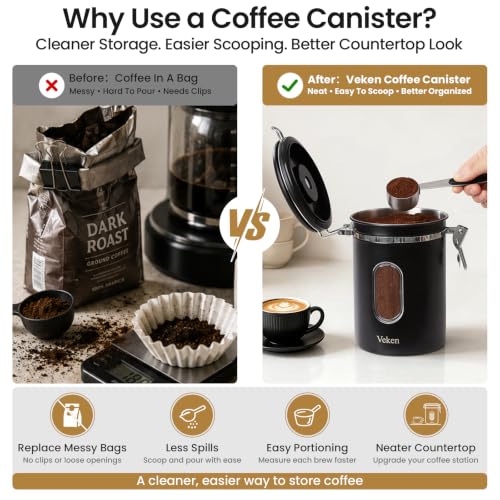 Veken Coffee Canister with Window, Airtight Stainless Steel Container, 22OZ - color: Black, size: 22 oz