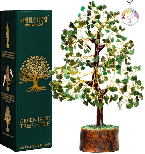 ZENFULSTONE Green Jade Crystal Tree of Life for Luck & Prosperity Decor for Home and Office | Handmade Bonsai for Wealth & Balance and Good Fortune | Perfect Well-Being Gift for Loved Ones - color: Green Jade Golden Wire