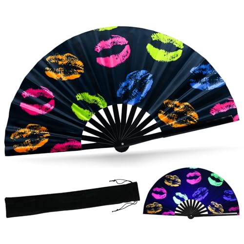 SYNTECSO Folding Hand Fan for Rave, UV Glow Clack Fan - color: Flaming Lips