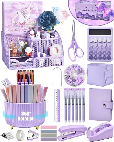 LXEVIHK Purple Desk Accessories 21-Piece Office Supplies Gift Set for Women - color: purple