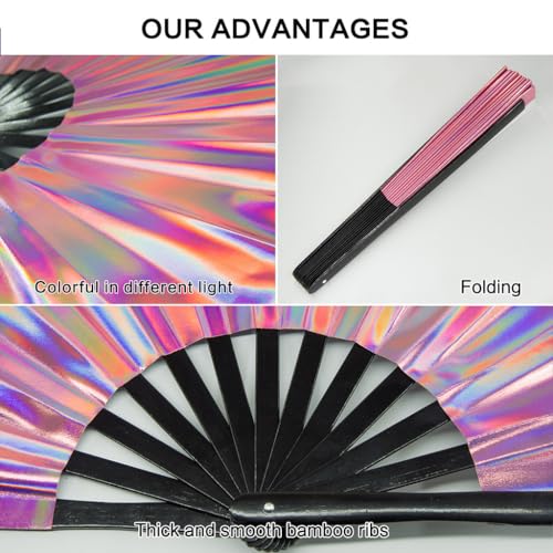 Large Rave Fan, Clack Folding Hand Fan with Premium Fabric, Thick Bamboo Frame for Men Women Gift for EDM, Festival, Club, Party, Dance, Decoration (Holographic Pink, 13") - color: Holographic Pink, size: 13"