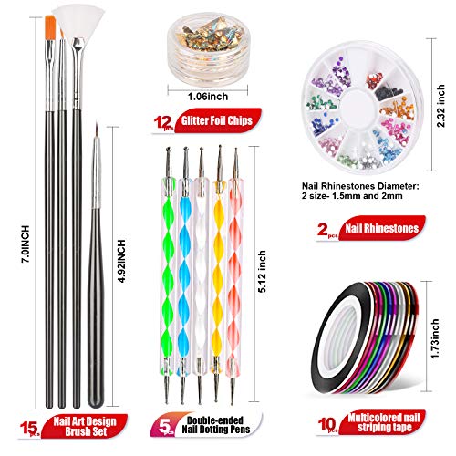 Teenitor Nail Pen Designer,Stamp Nail Art Tool with 15pcs Nail Painting Brushes, Nail Dotting Tool, Nail Foil, Manicure Tape, Color Rhinestones for Nails-Black