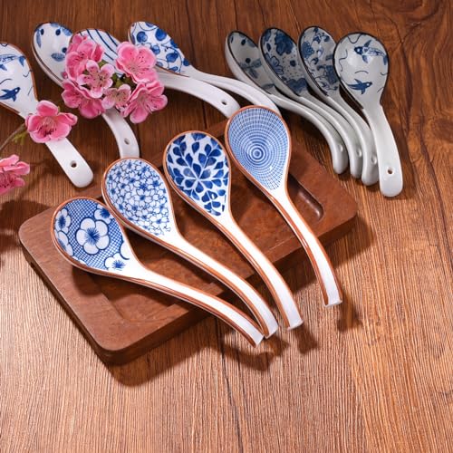 Ceramic Soup Spoon Set of 4, 6.5-Inch Blue and White Porcelain Ramen Spoons