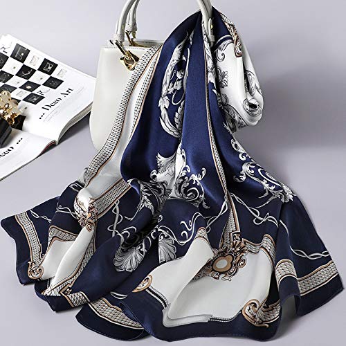 ANDANTINO 100% Silk Long Scarf-Women Large Oblong Shawls with Gift Packed - color: Navy&white -Phoenix Tail Fern