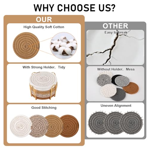 OIAHOMY 8 Pcs Coasters with Holder for Beer, Coffee, Woven Cotton Coaster Set for Table Decor for Kitchen, Bar, Dining Room, Living Room, Housewarming Gifts - Yellow - color: Yellow, size: 8Pcs